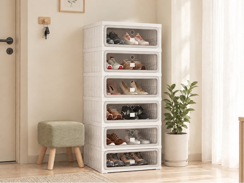  Armoire à chaussures en plastique pp - 12 paire(s) - porte abattante transparente - anti‑poussière - sans assemblage - meuble rangement chaussures petit espace - blanc‑gris  - Conforama B
