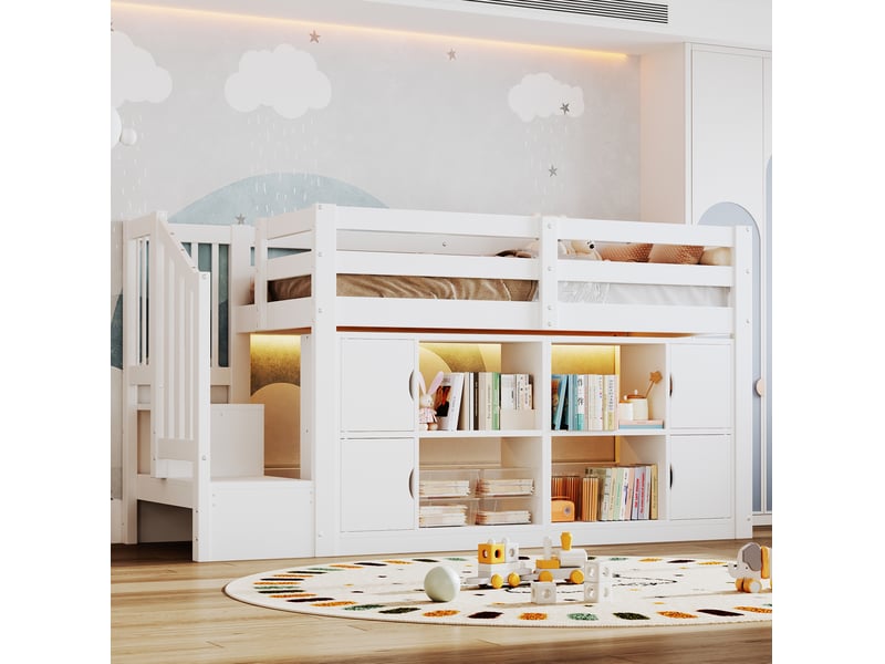  Lit surélevé 90x200 cm blanc avec escalier de rangement et éclairage led  - Conforama B