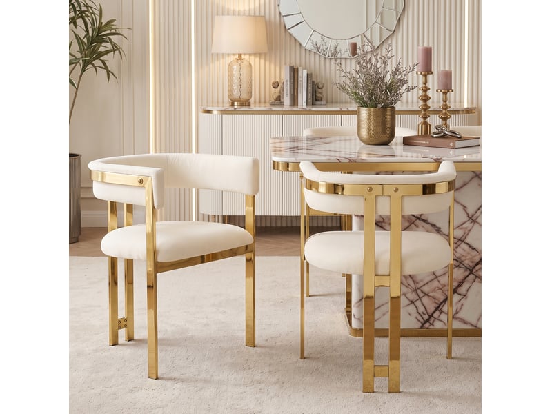  4 chaises de salle à manger confortables et respirantes, style moderne, pieds métalliques galvanisés dorés, tissu chenille beige + or  - Conforama D