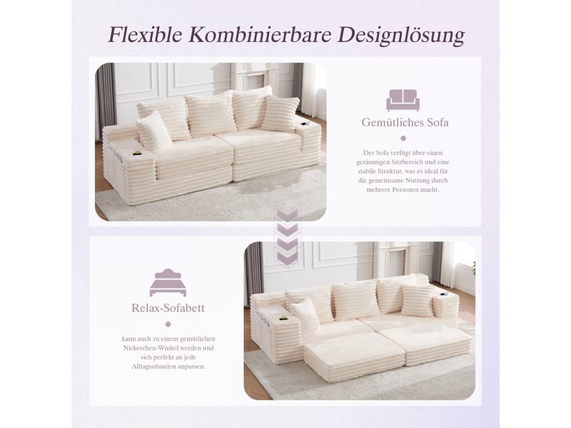  Canapé droit convertible en velours côtelé beige, 3 places, dossier haut, poches et porte-gobelets, salon 273x98x87cm - Conforama R