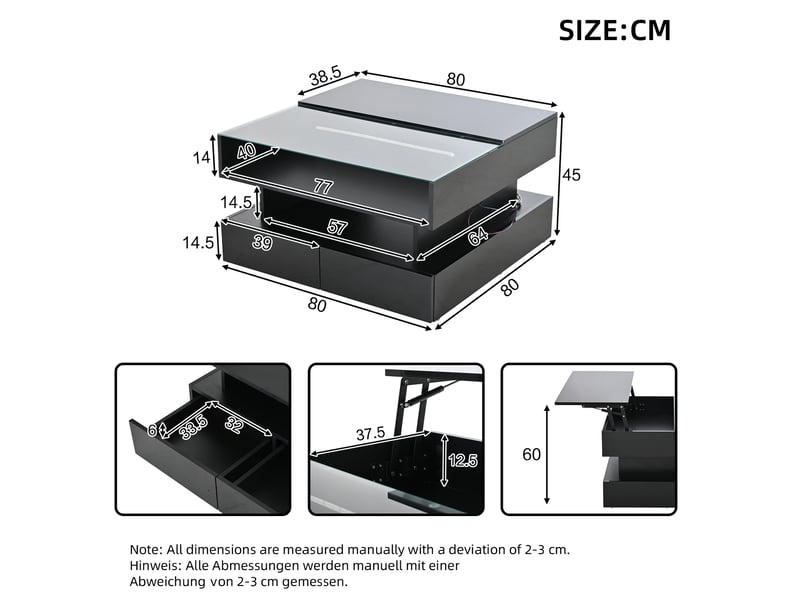  Table basse relevable 80 x 80 cm avec led, verre trempé et 2 tiroirs noire  - Conforama C