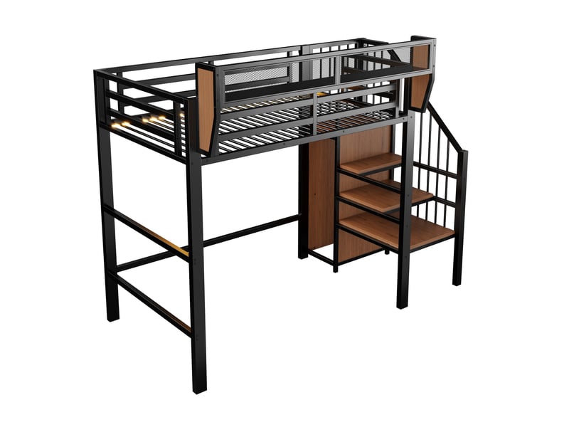  Lit mezzanine 90 x 200 cm avec led, échelle et rangement modulable, métal, noir Fay Lum - Conforama A