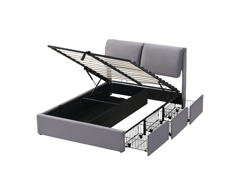  Lit coffre 140x200 cm gris, velours, sommier relevable hydraulique, 3 tiroirs, tête de lit réglable, sommier à lattes inclus  - Conforama A