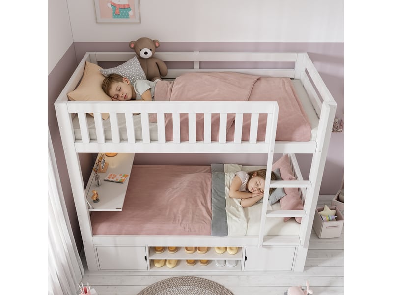  Lit superposé enfant 90×200 avec bureau rabattable et rangements intégrés, échelle et tablettes, blanc  - Conforama E