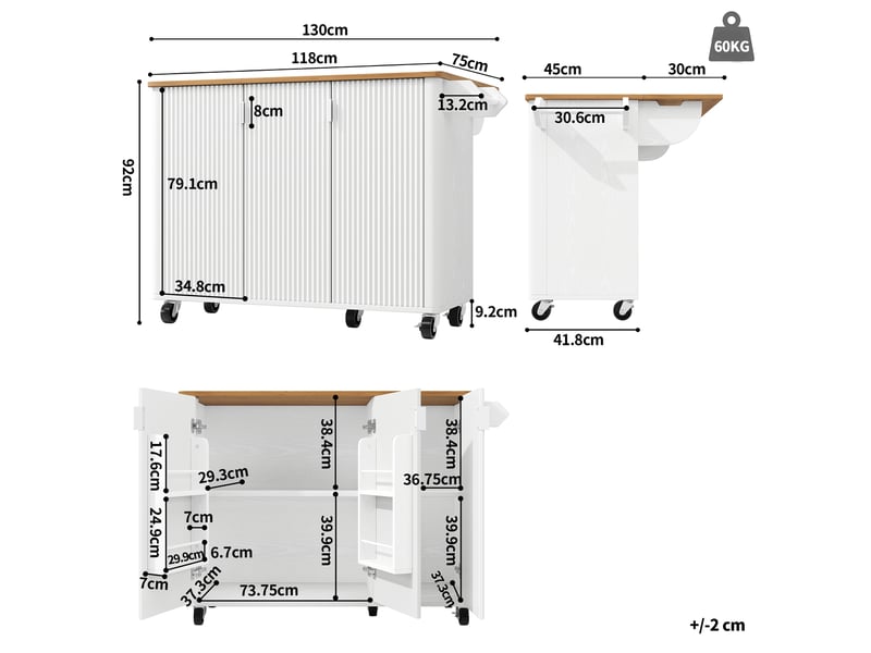 Desserte cuisine, îlot central sur roulettes avec plan de travail, plateau extensible, 3 portes, dimensions 130 x 45 x 92 cm, mdf, blanc - Conforama C