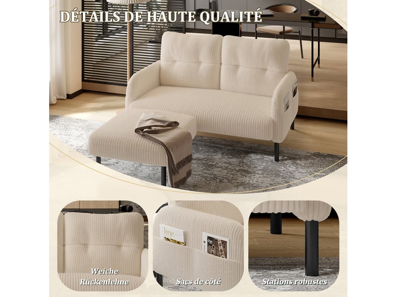 Canapé droit fixe 2 places en velours côtelé beige avec poche latérale, confort pour salon et bureau - Conforama D