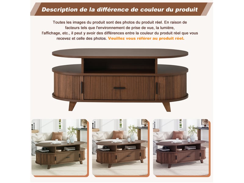  Table basse ovale 100x50x40 cm, 1 tiroir, 2 portes à rideau, rangements, mdf, style nordique noyer  - Conforama E