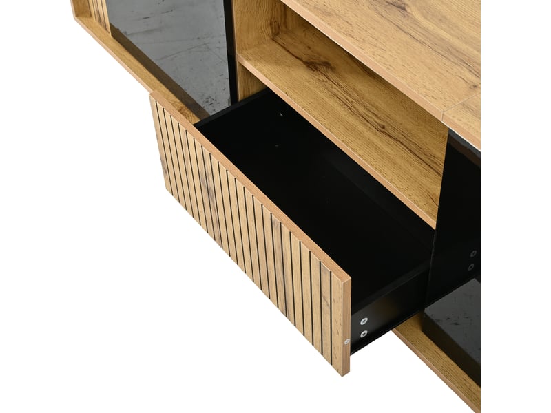 Meuble tv 180 cm noir et bois clair avec led bluetooth, 2 portes, tiroir et rangement pour écran 75 pouces - Conforama D
