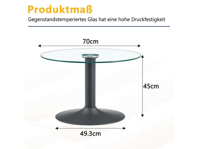  Table basse ronde avec plateau en verre trempé, piètement métallique stable, noire, pour salon, ø 70 cm, hauteur 45 cm  - Conforama E