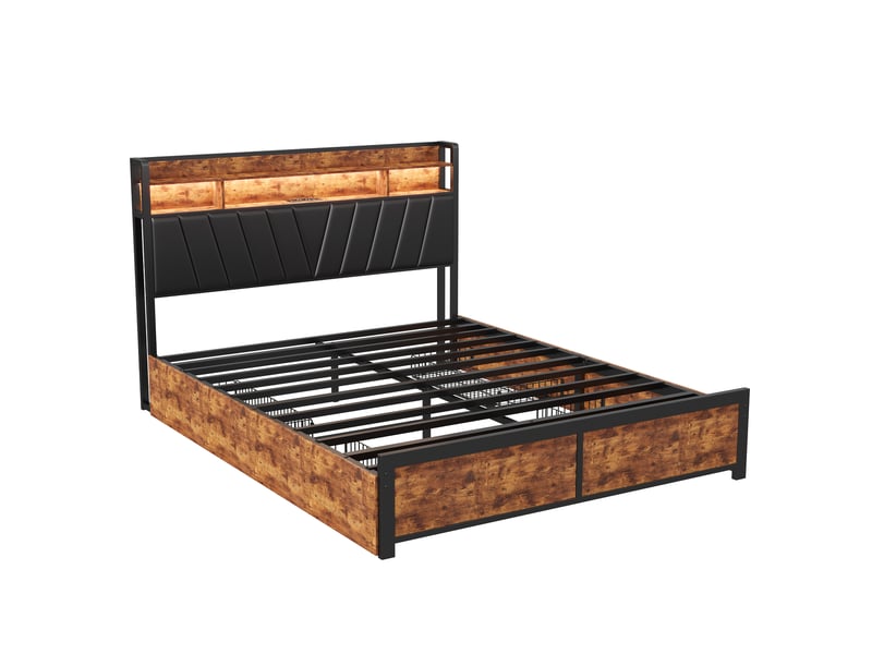  Lit double - 160x200cm-noir - cadre de lit industriel en métal et bois avec 4 tiroirs, led, prises et tête de lit  - Conforama A