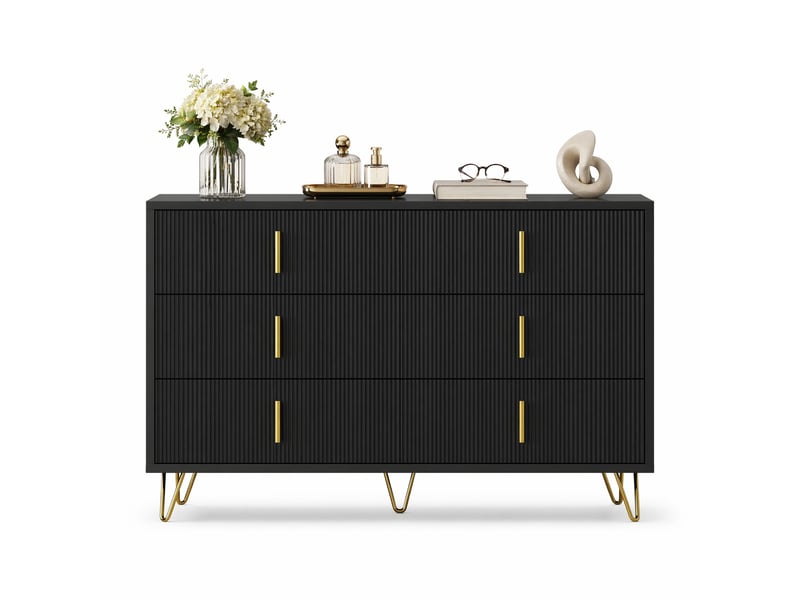  Buffet 6 tiroirs - lpospi - façade ondulée, poignées dorées panneaux de particules noir et or 120 × 40 × 77 cm  - Conforama A