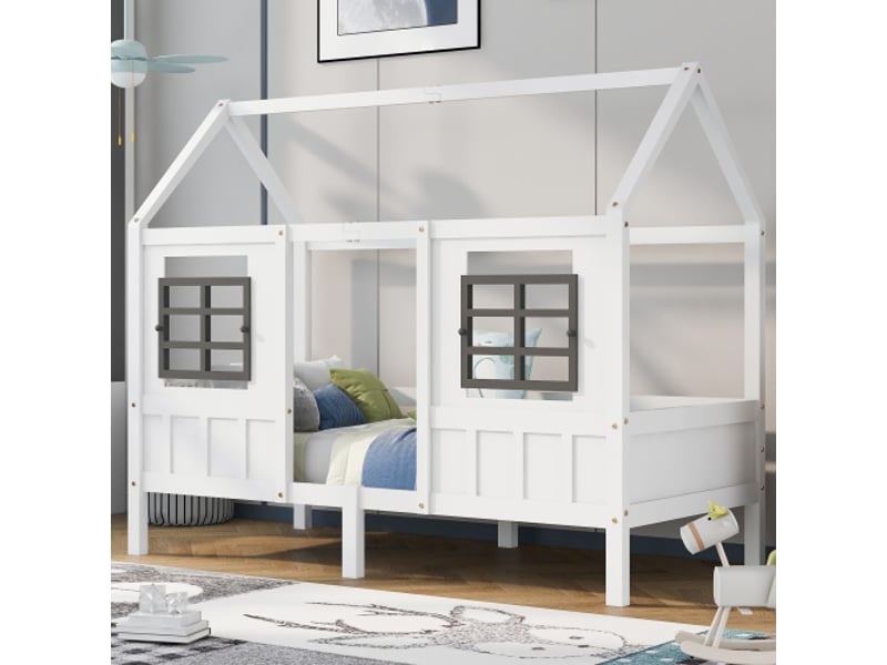  Lit cabane 90x200 cm, lit enfant avec 2 fenêtres et clôture de protection, en bois, blanc, sans matelas  - Conforama C