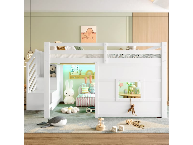  Lit mezzanine 140x200 cm blanc, avec escalier de rangement 2 compartiments, fenêtre, led, garde-corps, sommier inclus, sans matelas  - Conforama R