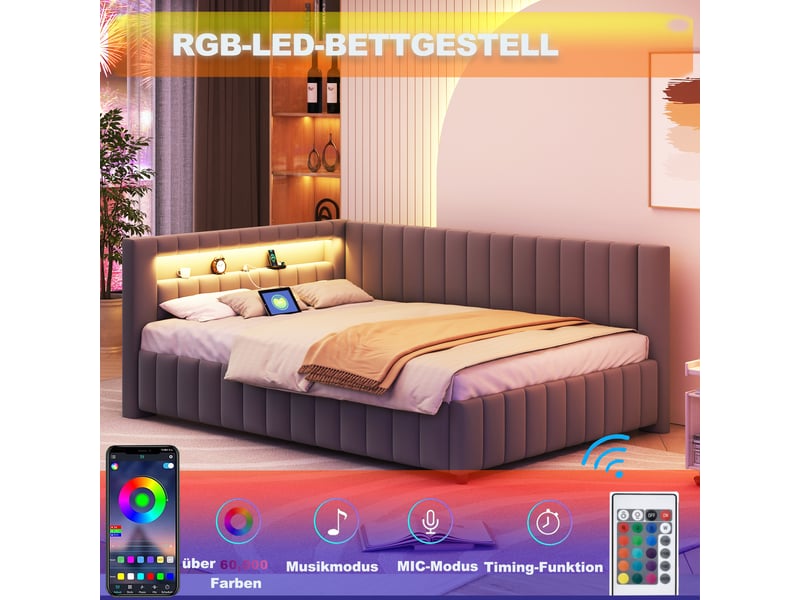  Lit canapé rembourré 140x200 cm, coloris gris, forme l, éclairage led, port usb.  - Conforama C
