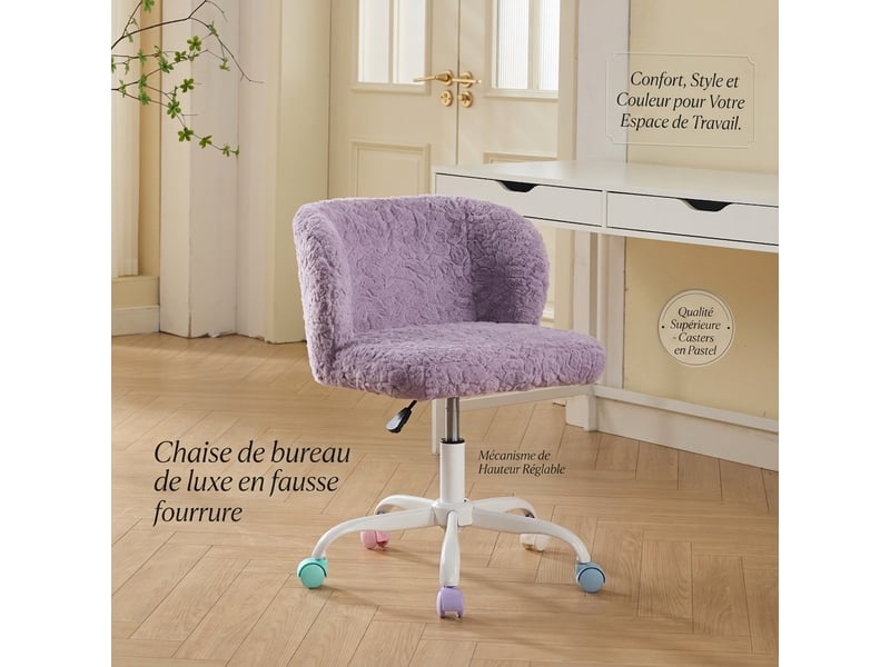  Chaise de bureau violette en fausse fourrure, pivotante et réglable en hauteur, 55x57x81 cm  - Conforama B
