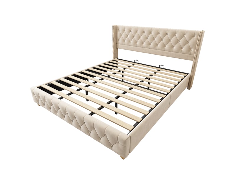  Lit 160x200 cm velours bleu – tête capitonnée, sommier inclus  - Conforama E
