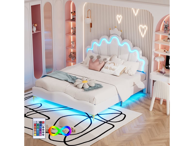 Lit enfant 140x200cm, lit double avec led, tête de lit réglable et sommier, pu blanc, sans matelas - Conforama B