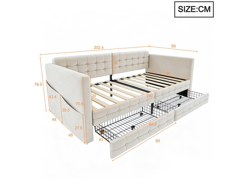  Lit banquette, 90 x 190 cm, poches de solution de rangement design classique, matelas non inclus, mdf, coloris beige  - Conforama C