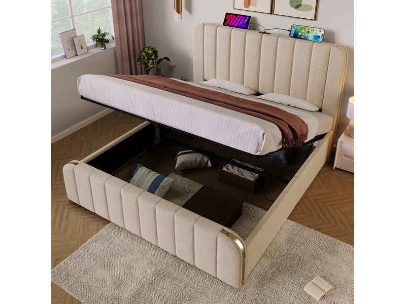  Lit coffre 140 x 200 cm beige en lin avec matelas, ports usb et type-c  - Conforama B