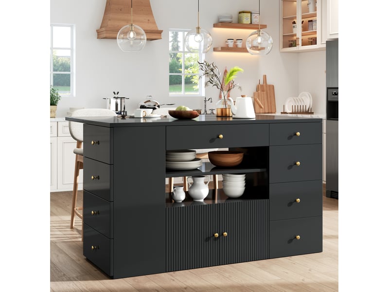  Desserte de cuisine 140x40-70x90,5 cm, avec 6 tiroirs et tabouret de rangement, structure mdf et métal, couleur noir  - Conforama B