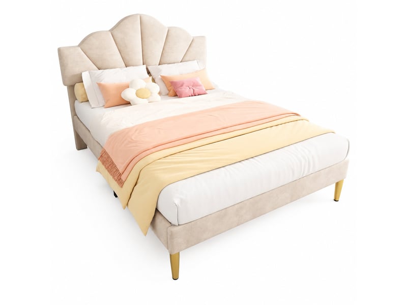  Lit adulte 140x200 cm rembourré en velours beige avec tête de lit réglable  - Conforama A