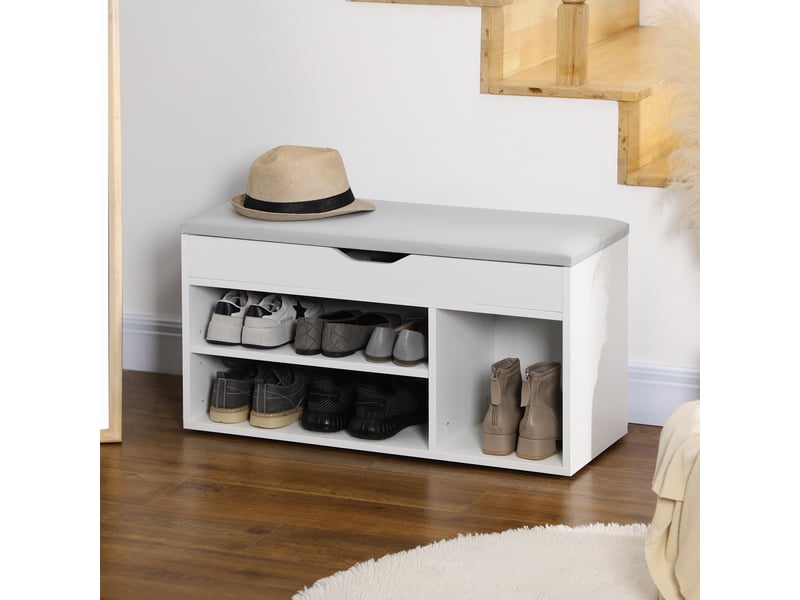  Meuble chaussures banc à chaussures 2 niveaux rangement, niche + coffre intégré avec coussin blanc  - Conforama D