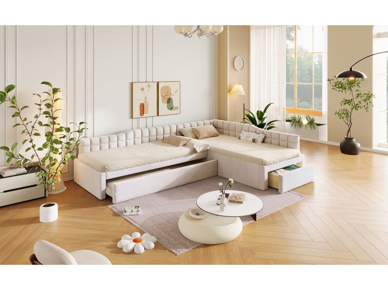 Lit d'angle enfant 2 × 90 × 200 cm, lit gigogne et tiroirs, beige - Conforama B