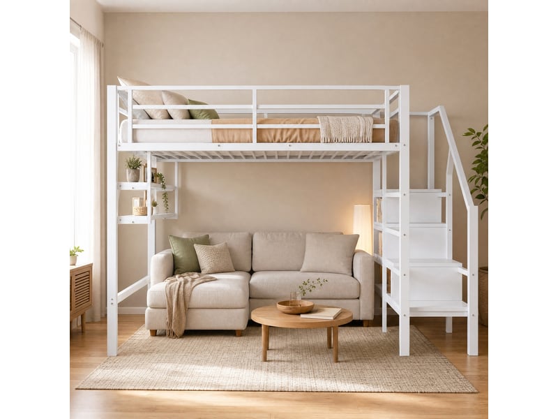 Lit mezzanine enfant 140×200 cm étagères, échelle de rangement et barrière - sans matelas, métal blanc - Conforama B