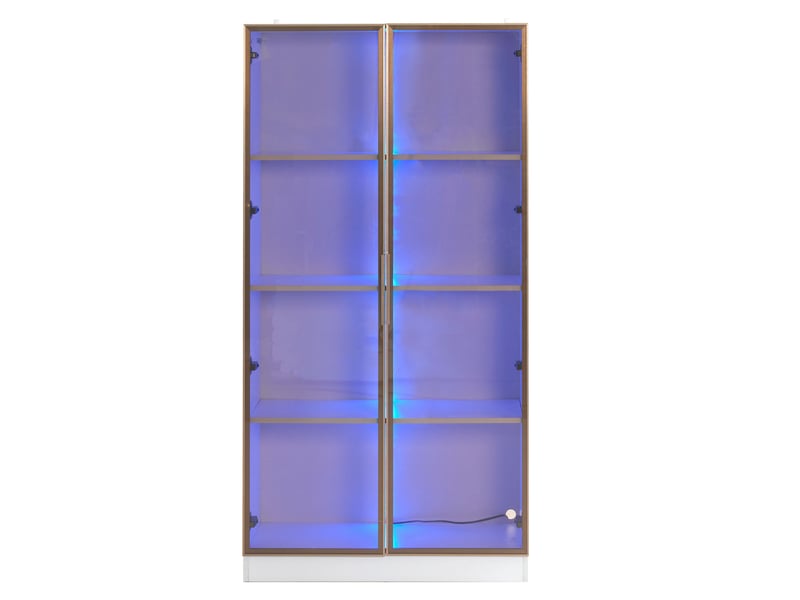 Ensemble de deux vitrines blanches pour salon, portes vitrées marron, éclairage led bluetooth, étagères réglables et 2 tiroirs - Conforama A