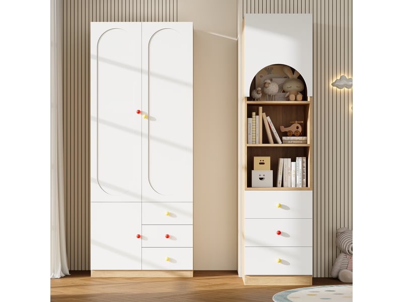  Ensemble armoire enfant 80x50x200 cm + étagère 50x50x200 cm, 2 portes, tiroirs et tringle, rangement chambre, mdf blanc et naturel OMNIGLINT TRADING LTD - Conforama E