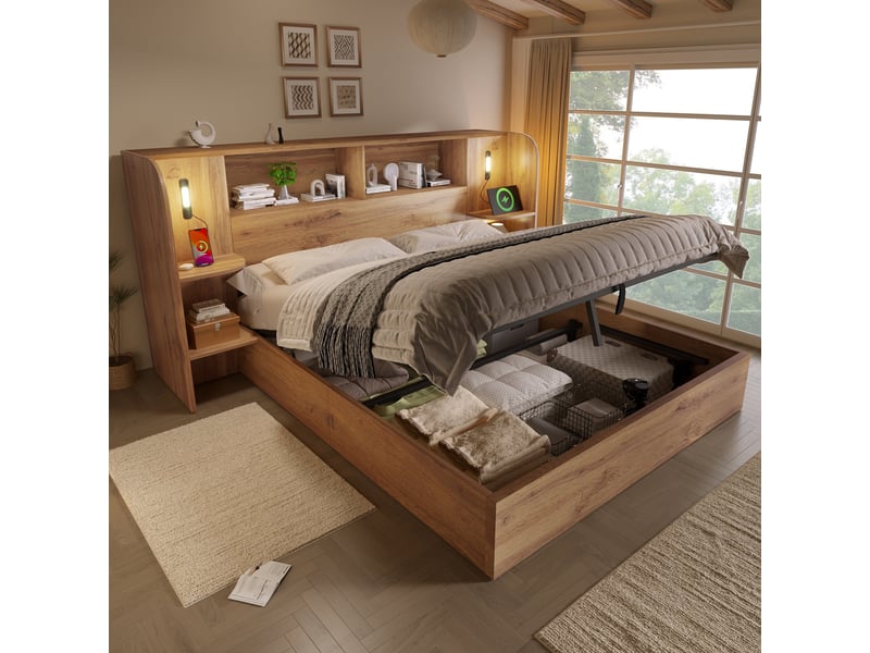  Lit coffre, 180 x 200 cm, lit en bois aspect chêne, avec étagères en tête de lit, éclairage led tactile, port de charge usb-c  - Conforama D