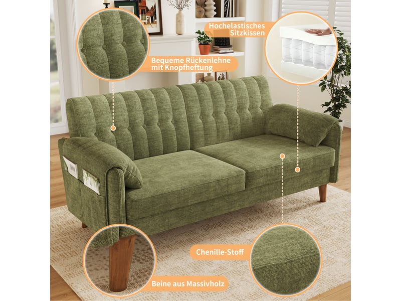  Canapé 2 places, canapé de salon, en chenille, vert, poches latérales, pieds en bois, design moderne, finition capitonnée  - Conforama W