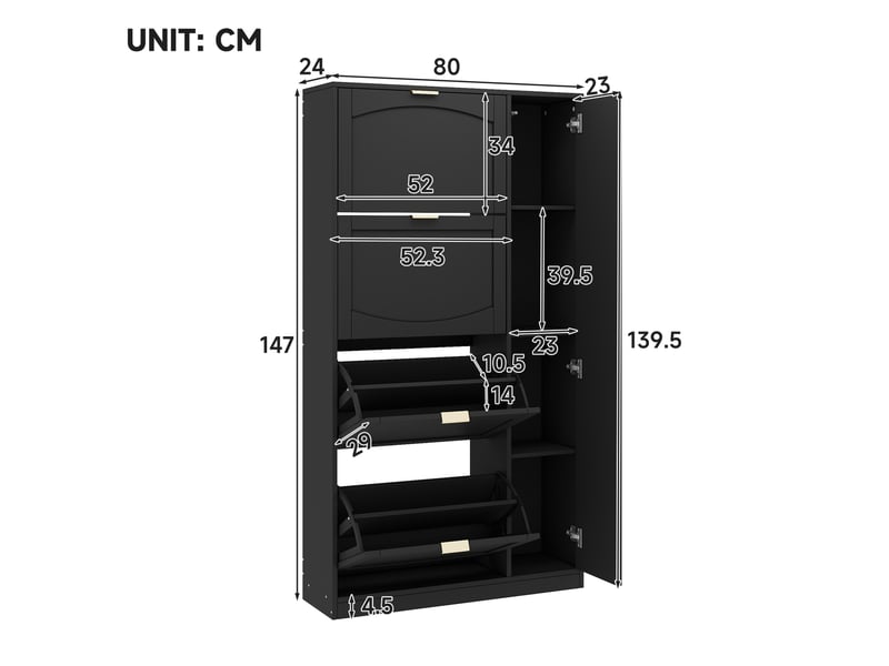  Meuble à chaussures 80x24x147 cm avec miroir, 4 compartiments basculants, panneau de particules, noir  - Conforama C