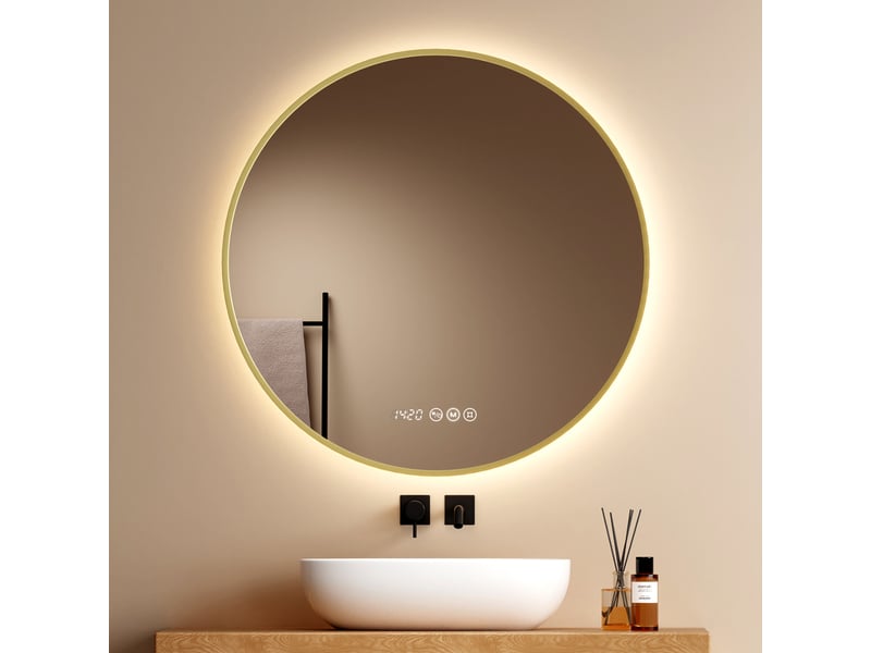  Emke miroir de salle de bain led rond 80x80 cm cadre or brossé, anti-buée, horloge, tactile, température de couleur et luminosité réglables  - Conforama B