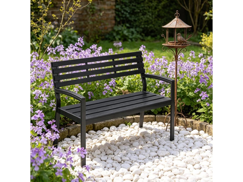 Banc de jardin 115x55x85cm avec dossier et accoudoirs, structure métal noir et lattes aspect bois - Conforama B
