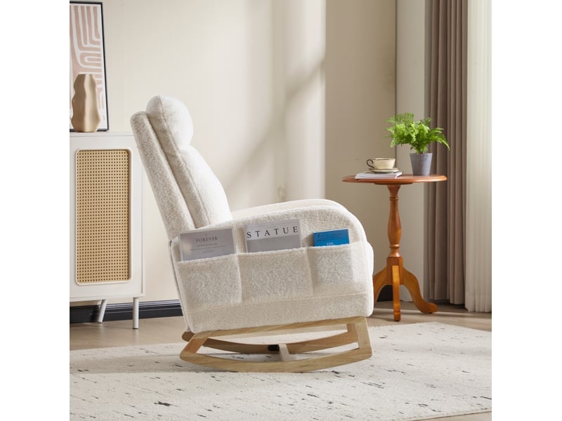 Rocking-chair à dossier haut avec bascule douce, poche latérale et base incurvée en bois, en tissu bouclette blanc  - Conforama E