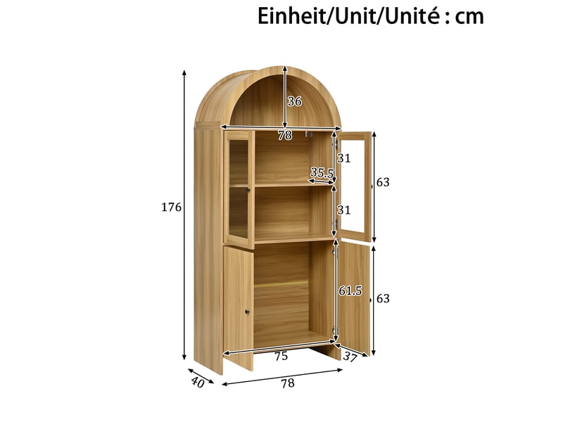 Buffet haut 78x40x176 cm avec vitrine à portes vitrées et rangement fermé, naturel - Conforama E