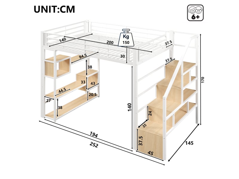  Lit mezzanine 140x200 cm, lit enfant, rangement, échelle sécurisée, barrière antichute, led, bois et métal blanc  - Conforama R
