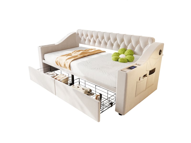  Lit d'appoint capitonné 90*190 cm, accoudoirs épais avec usb, compartiments intégrés et tiroirs, velours beige  - Conforama A