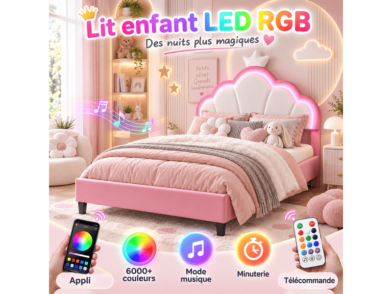 Lit double enfant 140x190 cm, lit capitonné avec sommiers à lattes et dossier, lit fille réglable en hauteur,velours,led,unique,rose lit fille 140x190 cm avec led - lit enfant avec dossier unique - tête de lit couronne réglable … - Conforama W