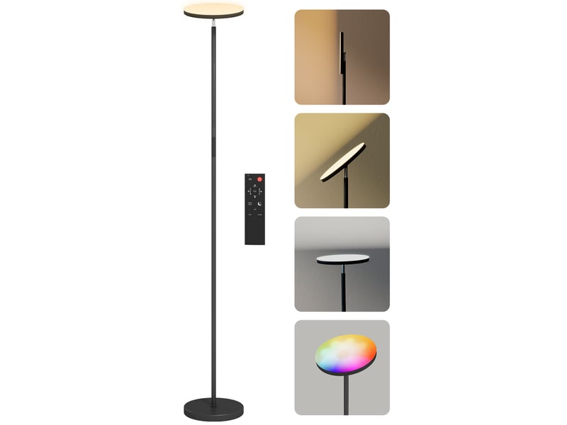  Lampadaire rgb à éclairage indirect, lampe à intensité variable avec télécommande et commande tactile, tête rotative à 350°, noir  - Conforama A