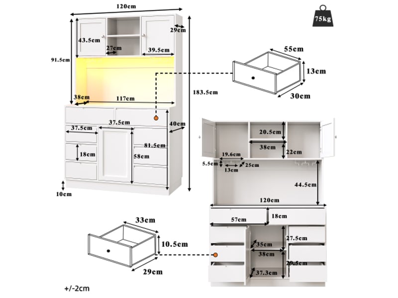 Armoire haute blanche moderne avec éclairage led - 8 tiroirs, étagères réglables, fermeture magnétique, 120×40×183,5 cm - Conforama C