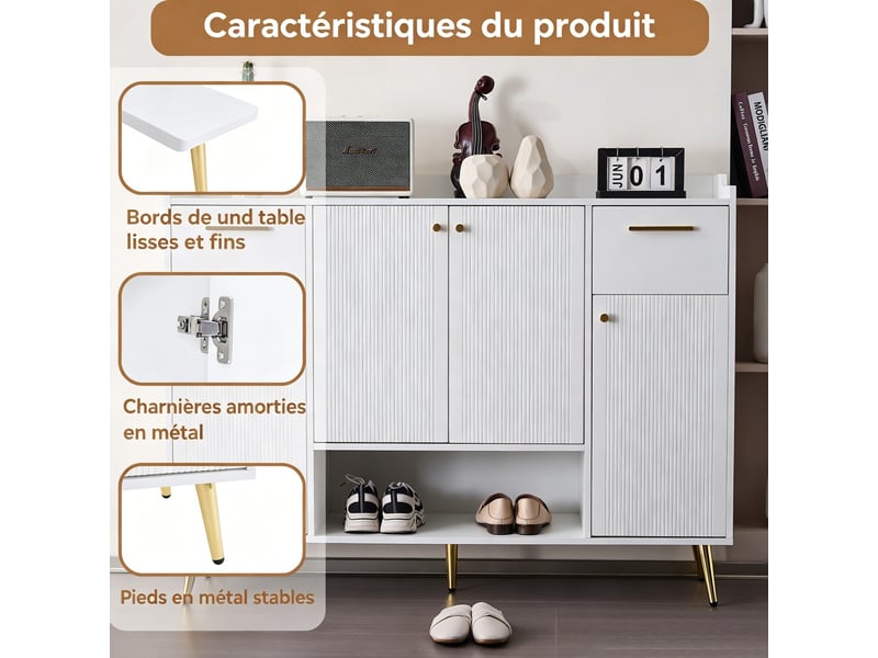  Meuble à chaussures moderne – avec 1 tiroir et 4 portes, armoire pour entrée et salon – blanc BrimViber - Conforama E