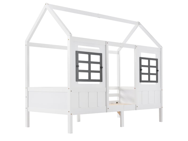  Lit maison enfant 200x90cm en pin et mdf, blanc, avec 2 fenêtres et garde-corps pour chambre  - Conforama A