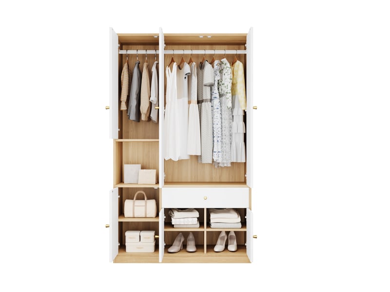 Armoire 3 portes 120x50x200 cm blanche et bois avec 2 penderies - Conforama A