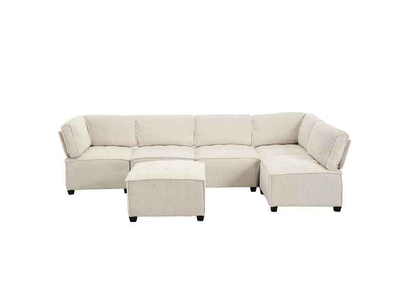  Canapé d'angle 6 pl 308x154x82cm, assise en mousse, revêtement velours, accoudoir, convertible avec poches de rangement, beige  - Conforama A
