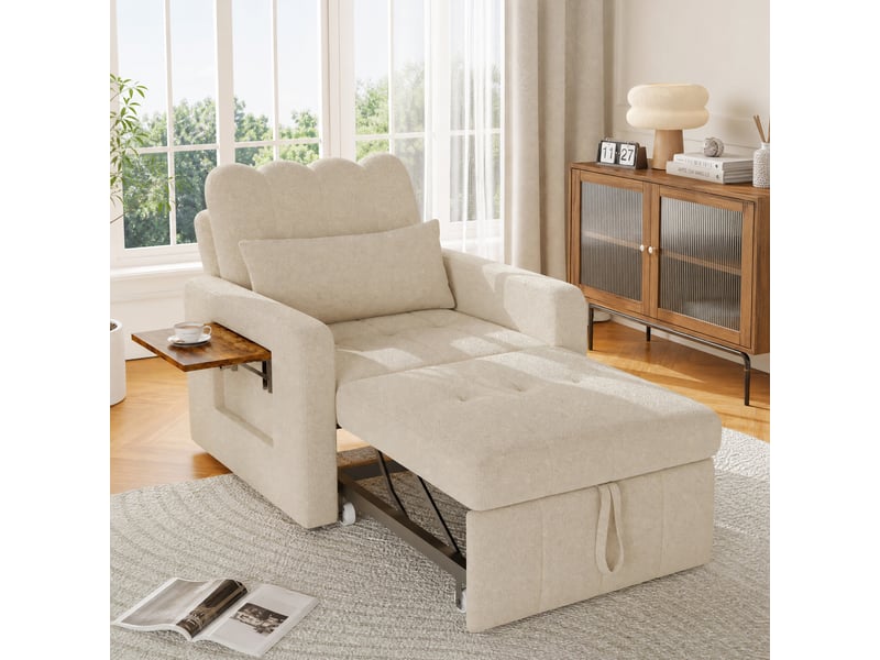 Fauteuil convertible fauteuil lit ,canapé 1 place réglable avec rangement,fauteuil 3-en-1,roues et tissu chenille - beige - Conforama B