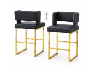 Lot de 2 tabourets de bar 53x48x91 cm, chaises hautes avec assise carrée, pieds en métal doré, meuble cuisine, noir pu
