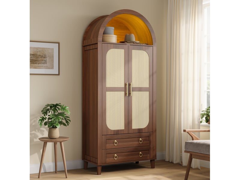 Armoire 76x50x184 cm coloris noyer avec led, 2 portes et 2 tiroirs - Conforama E