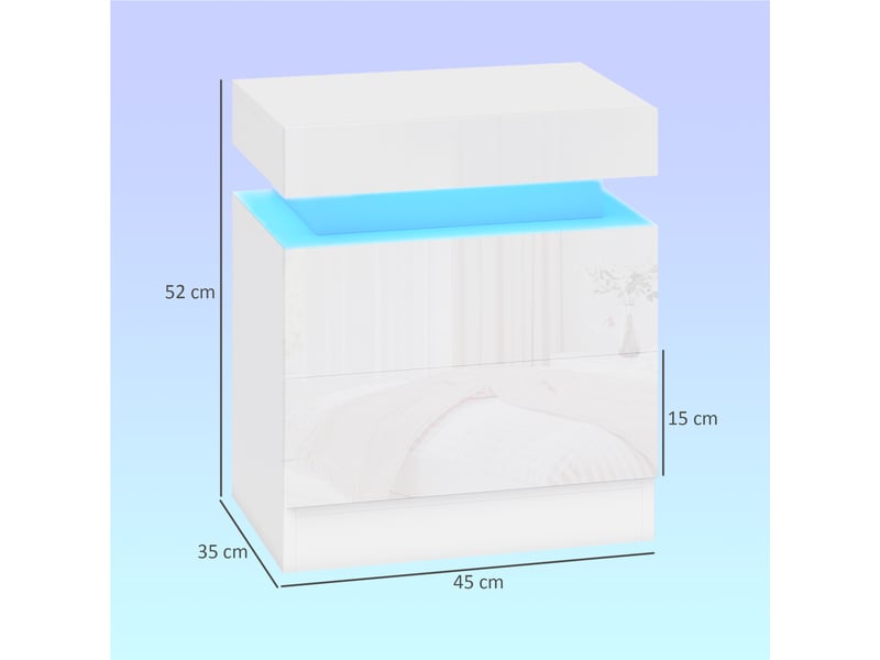  Ensemble de 2 tables de chevet led avec 16 couleurs et 4 modes d'éclairage, 2 tiroirs, en bois, 45 x 35 x 52 cm, blanc brillant  - Conforama E